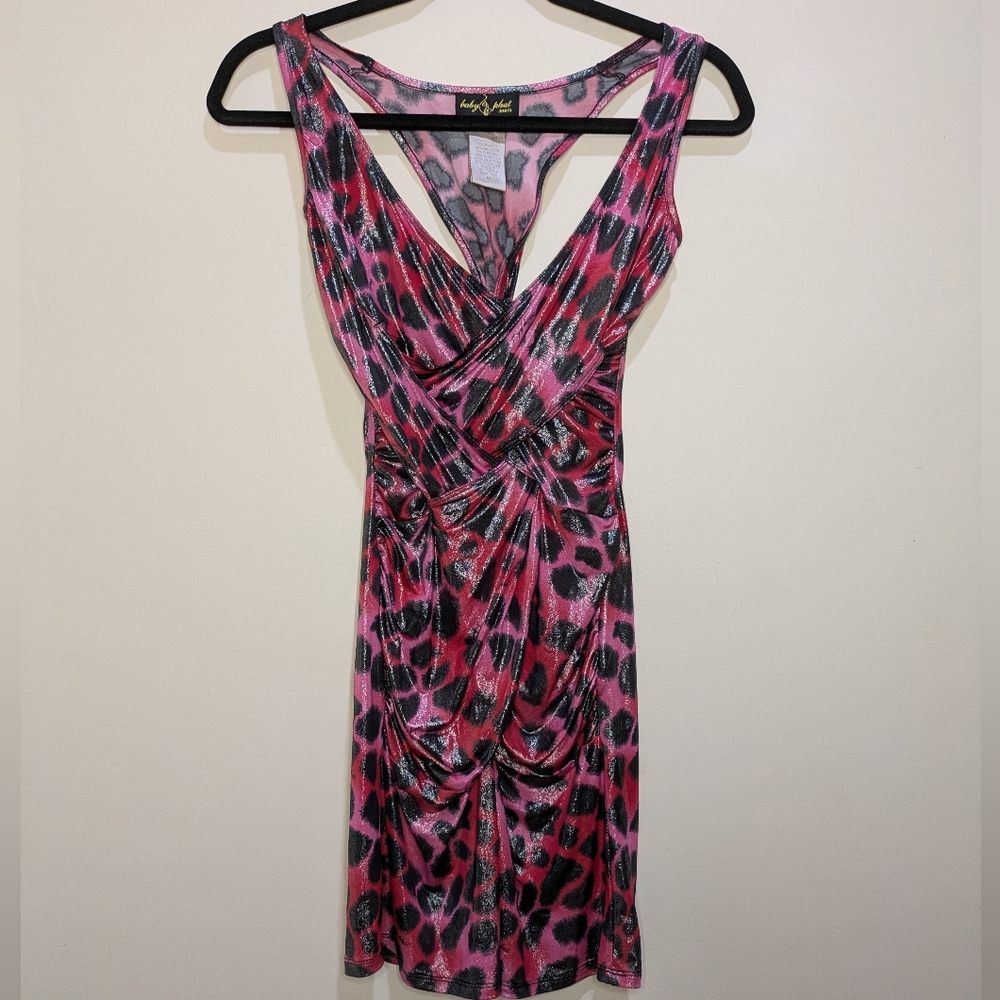 Baby Phat Vintage Y2K Clubwear Mini Dress Hot Pink Cheetah Print Halter Size M